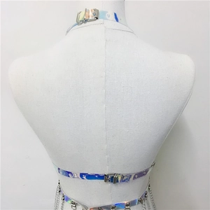 Detailed back view of holographic PU body harness with metal chains and adjustable buckles