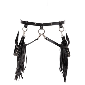 Gothic punk black leather body harness with fringe tassels and star studs on white background