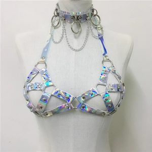 Close-up of holographic silver PU leather harness and choker with metal chains