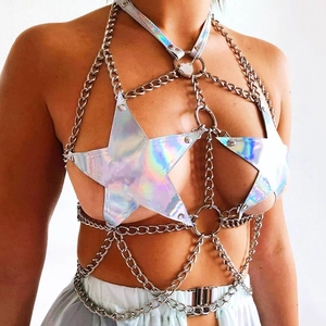 Catena per il corpo sexy con stella laser e maglie in metallo argento per rave party