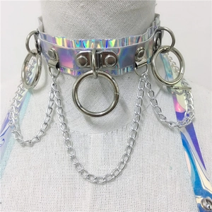 Macro detail of holographic laser PU choker featuring silver metal rings and hanging chains
