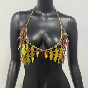 Close-up of iridescent sequin body chain bra with golden metal links on a black bust