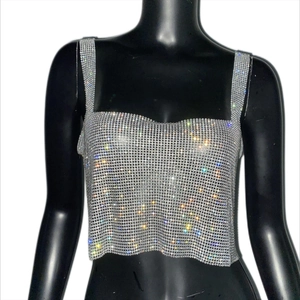 Detail of silver rhinestone mesh crop top with shimmering crystal embellishments