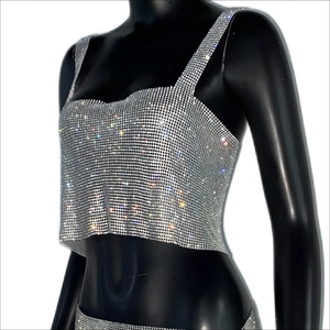 Detail view of silver metal mesh crop top with shimmering rhinestones for party wear