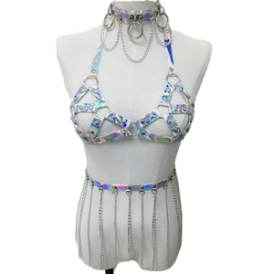 Punk holographic PU leather choker and chain belt set with metallic rings for festival wear