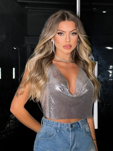 Silver metallic mesh cowl neck top for women, perfect for festival and party styling
