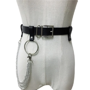 Punk black faux leather waist belt with silver square buckle and triple metal chains