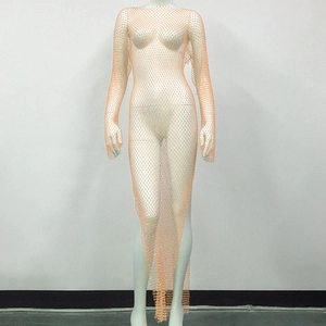 Detail of champagne rhinestone mesh dress featuring a sparkling fishnet texture and long sleeves