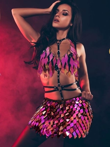 Sparkly purple sequin two-piece festival set with harness detail and mini skirt