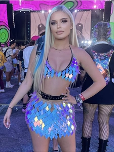 Holographic purple sequin rave set featuring a halter bra top and matching mini skirt