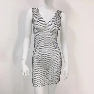 Detail of V-neck fishnet dress with sparkling rhinestones for party wear