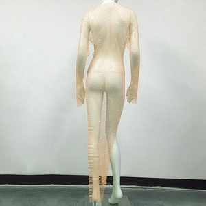Détail de la robe en résille transparente à manches longues avec strass brillants au dos