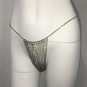 Detail view of sparkly crystal rhinestone fringe on a silver-tone metal body chain bikini