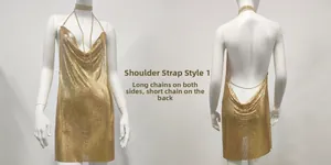 Detail of gold metal sequin mini dress showing front cowl neck and back chain straps