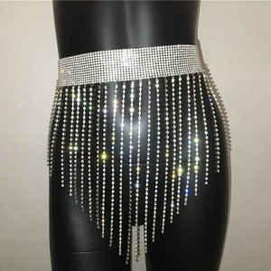 Macro shot of silver rhinestone tassel belt with shimmering layered fringe details