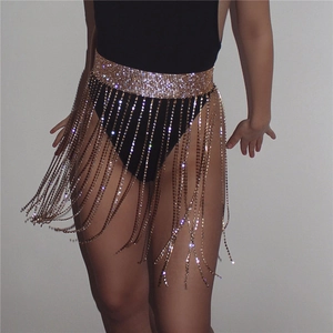 Women Sexy Rhinestone Tassel Metal Chain Mini Skirt Luxury Sparkling Hollow Body Jewelry For Party Nightclub Stage Wear