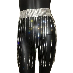Sexy silver rhinestone tassel mini skirt for women party night club shimmering body chain