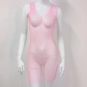 Detailed view of pink mesh rhinestone dress featuring high-stretch V-neck and sparkling crystals
