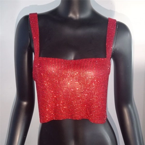 Macro shot of red rhinestone mesh fabric detail on backless crop top camisole