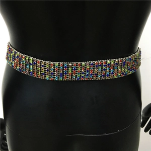Détail de la ceinture en métal argenté ornée de strass multicolores brillants