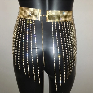 Detailed close-up of gold rhinestone fringe waist chain with adjustable lobster clasp