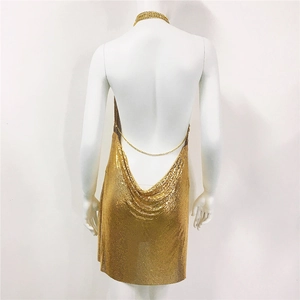 Close-up of the metallic gold sequin mesh and open back detail of the mini dress