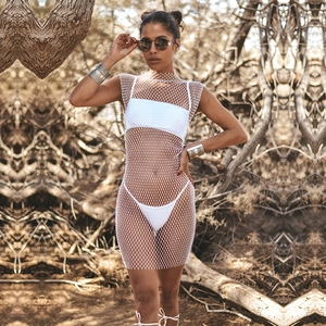 Women Sexy Mesh Fishnet Rhinestone Mini Dress Sleeveless Hollow Out Beach Cover Up Party Nightclub Sparkling Bodycon Dress