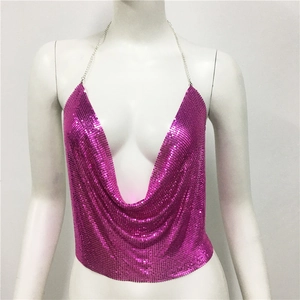 Detailed view of fuchsia metal sequin halter top with draped cowl neck and chain straps