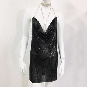 Close-up of black metallic mesh mini dress with deep V-neckline and silver chain straps