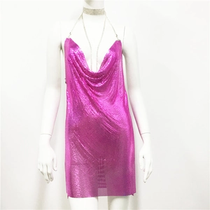Detail of rose red metallic sequin halter dress with deep V-neck for party wear