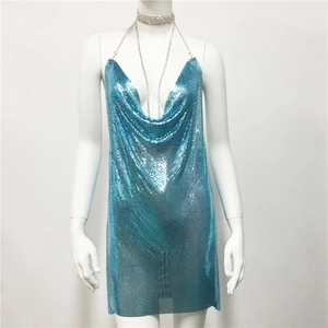Detail view of light blue sequin mesh dress with draped neck and rhinestone choker
