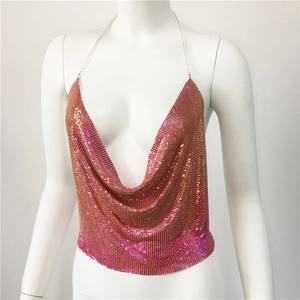 Detail of gradient pink to orange metallic sequin halter top with delicate chain straps