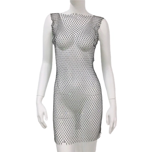 Sexy black fishnet bodycon dress featuring colorful rhinestones and a sleeveless design