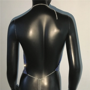 Detail of the back of a blue rhinestone halter top with adjustable silver metal chains