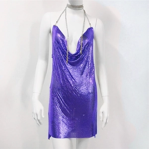 Detail of purple metallic chainmail dress with sparkly sequins and fine chain straps