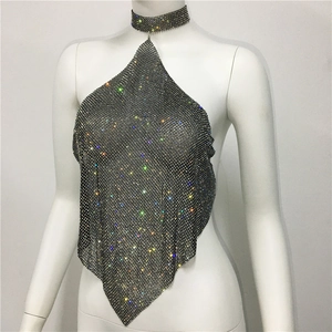 Detail der glitzernden AB-Strasssteine auf dem schwarzen Metallnetz-Top mit passendem Halsband