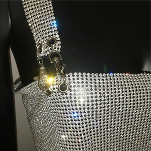 Close-up of silver rhinestone mesh crop top with metal lobster clasp details