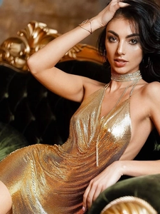 Sexy gold metallic mesh mini dress with deep V-neck and halter back for party wear