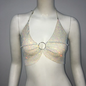 Detail of rhinestone fishnet bikini top with colorful crystals and center ring