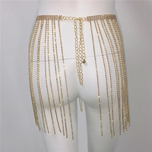 Detailed view of gold rhinestone fringe body chain with adjustable metallic clasp