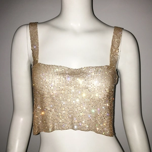 Detailed view of shimmering gold sequin mesh crop top with sparkling rhinestone accents