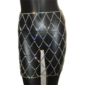 Sparkly silver rhinestone mesh body chain skirt with diamond hollow grid for party wear