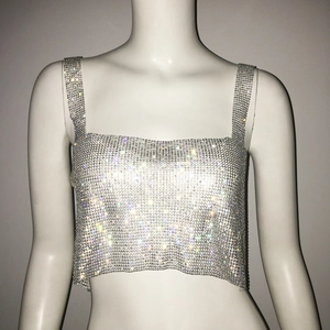 Detailed view of sparkly silver rhinestone camisole top with shimmering metallic sequins