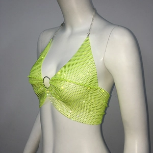 Detail of neon green rhinestone mesh bikini top with silver metal chain and ring