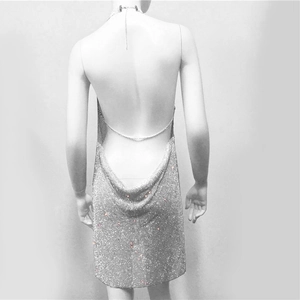 Detail of silver sequin mini dress featuring a backless halter neck and sparkly metal mesh