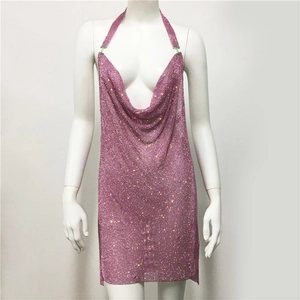 Detail of pink rhinestone mesh on mini dress with cowl neck and halter design