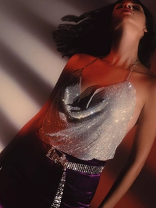 Sparkling silver rhinestone halter top for women partywear in metallic mesh finish