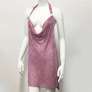 Detail of pink rhinestone halter mini dress with sparkly metallic mesh and V-neckline