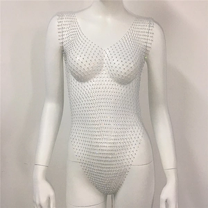 Detail of silver rhinestone fishnet bodysuit with deep V-neck for beach or party wear