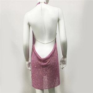 Back view of pink rhinestone halter mini dress with low back and chain detail